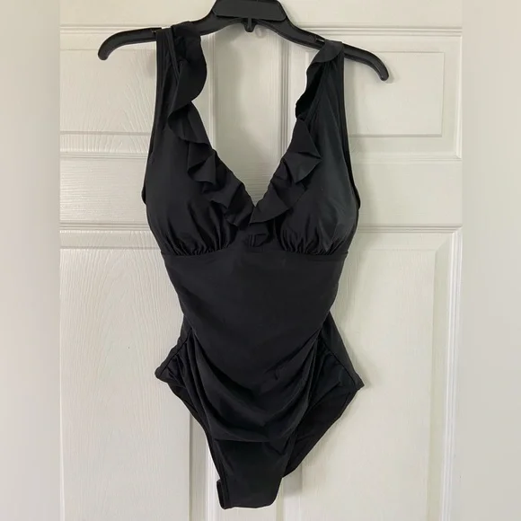 NWT DKNY Black Ruffle V-Neck Swimsuit UPF 40+ Womens Size Large - Picture 2 of 7